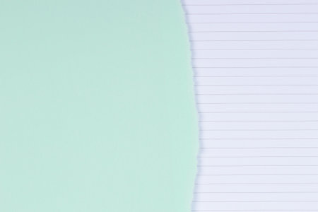 Torn paper textured collage background. Grunge ripped pastel green paper piece with ragged edge and lined paper background with copy space for textの写真素材