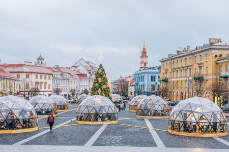 Vilnius, Lithuania - December 13, 2018: Christmas market in Vilnius Town Hall square. Christmas in Vilnius - the largest festival of the capital of Lithuaniaのeditorial素材