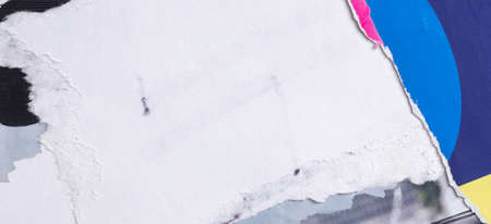 Old white grunge ripped torn collage posters creased crumpled paper placard texture background with...
