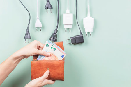 Womans hand takes euro money banknotes from wallet near many power cable cords with Eu plugs hanging on green background. Electricity cost and expensive energy conceptの写真素材