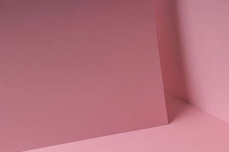 Blank pastel pink paper sheet card note with shadows. Abstract geometric monochrome pink background with copy space for text. Front diagonal viewの写真素材