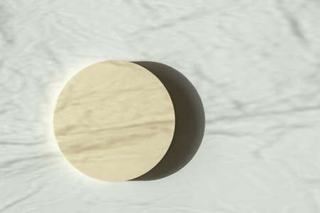 Empty round pastel platform podium on white background with natural light and shadows. Mock up background for cosmetic product presentation. Top viewの写真素材