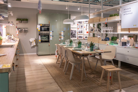 Vilnius, Lithuania - November 06, 2018: Interior view of kitchen and dining room inside IKEA Store. IKEA is Swedish-founded, worlds largest furniture retailerのeditorial素材