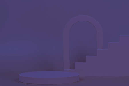Abstract background trendy very peri color monochrome composition with geometric shapes forms. Exhibition podium, platform for product presentation on purple background. Front viewの写真素材