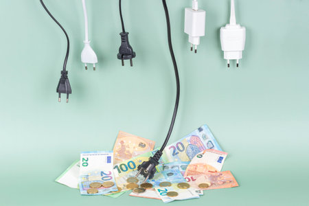 Power plug over pile of Euro money coins and bills. Energy efficiency, power consumption, electricity cost, and expensive energy conceptの写真素材