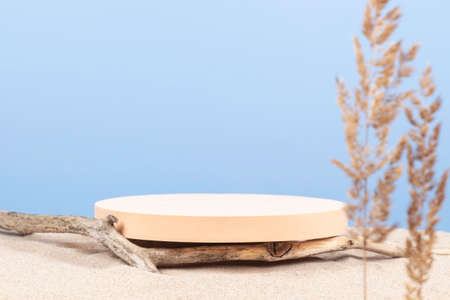 Round beige platform podium, dry tree twigs on white beach sand with dry bent plant in foreground. Minimal creative composition background for cosmetics or products presentation. Front viewの写真素材