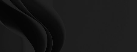 Abstract black color monochrome paper banner background with abstract dark geometric shapes, curved lines and shadowsの写真素材