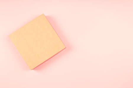 One brown cardboard box on pastel pink background. Mock up. Top view, copy space for text or image