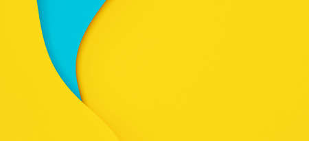 Abstract creative colored paper geometry composition banner background in bright yellow and light blue colors with curved linesの写真素材
