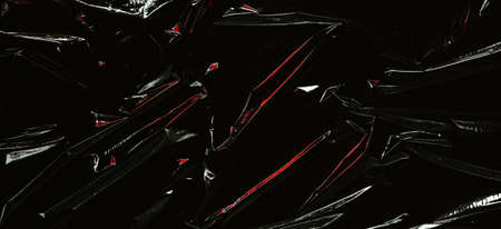 Transparent plastic wrap on black background. Crumpled wrinkled plastic cellophane. Reflecting red...