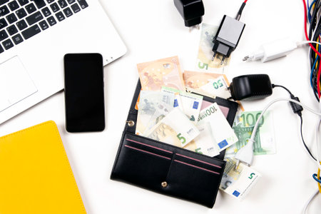 Electric power supply power cords cable plugged in open wallet with cash Euro money. Payment of electricity bills. Electricity cost, rising price of electricity, expensive energy conceptの写真素材