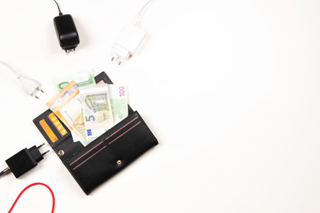 Electric power supply power cords cable plugged in open wallet with Euro money. Payment of electricity bills. Rising electricity cost and expensive energy conceptの写真素材