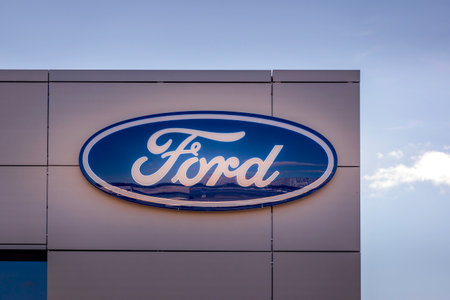 Vilnius, Lithuania- July 29, 2022: Ford logo on a dealerships building. The Ford Motor Company is American multinational automaker companyのeditorial素材