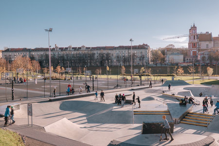 Vilnius, Lithuania - October 31, 2022: Outdoor sport activities, leisure entertainment in modern White Brigde Sports Ground near Neris river in Vilniusのeditorial素材