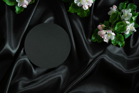 Round geometric platform podium stand for cosmetics product presentation and spring blooming tree...