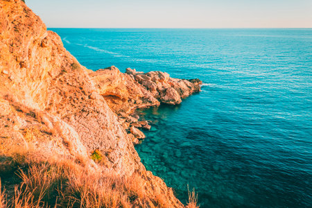 Scenic panorama of the coast from Sierra Helada Natural Park. Benidorm - popular spanish resort in province of Alicante, Valencia, on the Mediterranean coast of Spainの写真素材