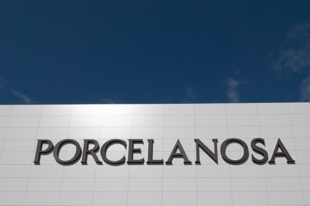 Finestrat, Spain - March 2, 2023: Porcelanosa logo sign on storefront. Porcalanosa is Spanish manufacturer, distributor and retailer of ceramic tilesのeditorial素材