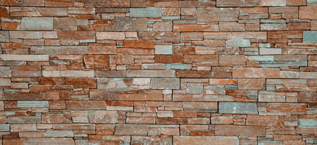 Modern stone brick wall surface background. Brown masonry wall of stones with irregular pattern...