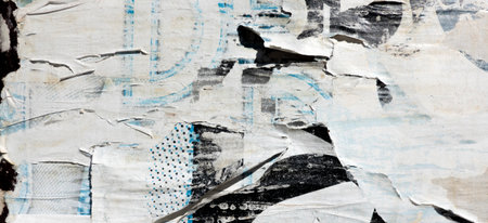 Old grunge torn collage urban street posters creased crumpled paper placard texture background....