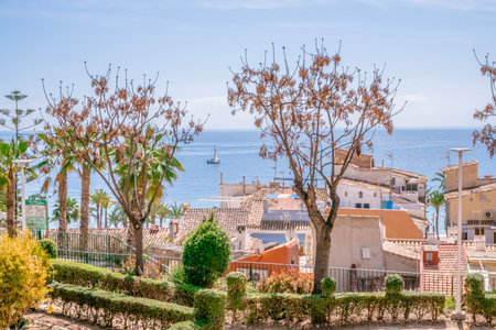 Panorama of picturesque Villajoyosa village with narrow cozy streets, small park and Mediterranean sea. Alicante province, Costa Blanca,Spainの写真素材