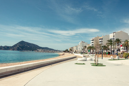 Altea seaside promenade with recreation and active leisure areas on sunny day. Altea - beautiful authentic Spanish village in Alicante Province, Valencian Community, by Mediterranean Sea in Spainの写真素材