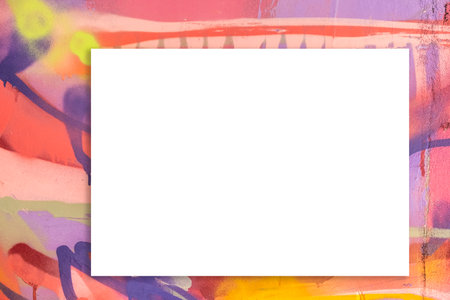 Mock up. Blank white board, billboard, advertising, public information board on colorful graffiti...