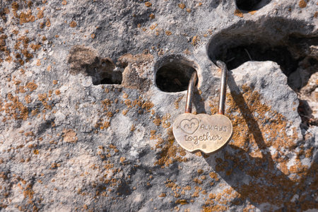 Small lock as symbol of eternal love hangs locked on rock. Details of Spainの写真素材
