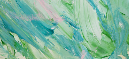 Abstract paint strokes and smudges background. White, blue, pink, green drips, flows, streaks of paint and paint spraysの写真素材