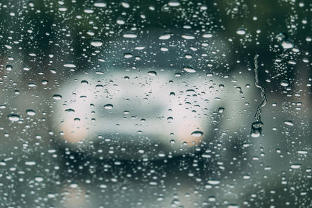 Rainy city background. Blurred shape of car seen from raindrop-covered window of passing car. Raindrops on window glass. Selective focusの写真素材