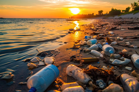 Spilled garbage on the beach. Empty used dirty plastic bottles, disposable bag and empty cans on dirty sea sandy shore. Environmental pollution. Ecological problem. Ai generativeの素材