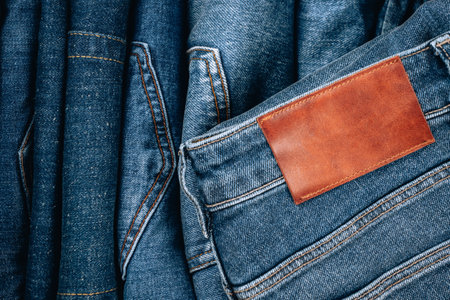 Blank brown leather label sewed on a blue denim jeans. Mock up navy jeans tag. Top viewの写真素材