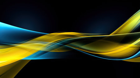 Abstract background with smooth waves in blue and yellow tones. Waved shaped lines transparent whispers background. Elegant geometric banner background. AI generativeの素材