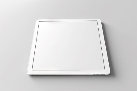Mock up. White digital tablet computer with blank screen mockup lies isolated on light gray surface background. Ai generativeの素材