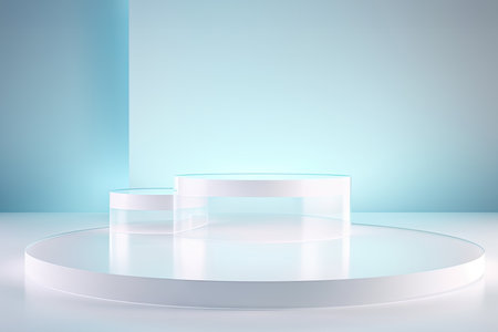 Transparent round cylinder platform pedestal podium with light blue color background. Empty crystal glass scene showcase stand for cosmetic product promotion display presentation. Front viewの素材