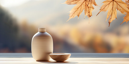 Light brown empty vase on wooden background and tree branches with colorful autumn leaves on blurred background. Home decoration. Ai generativeの素材