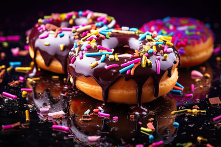 Tasty donuts on black background. Chocolate frosted, glazed and sprinkles donuts. AI generativeの素材