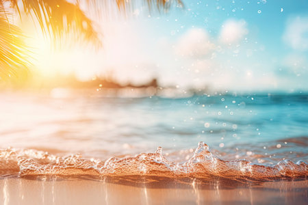 Beautiful beach of ocean, sea background. Palm leaves on tropical beach with bokeh sun light and splashes of waves. Nature, summer vacation, travel conceptの素材