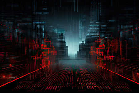Abstract future technology, business, high speed digital internet, cyber security, cyber attack background. concept background. Geometric lines, shapes in black, red, blue colors. AI generativeの素材