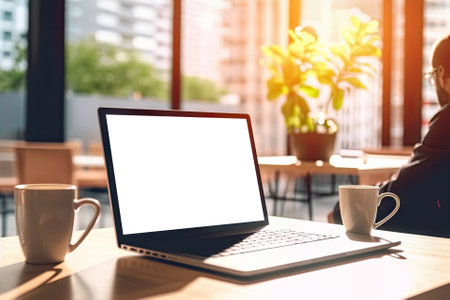 Remote and freelance work concept. Co-working space, table at cafe with open laptop computer screen mockup and blurry cafe interior in the backgroundの素材