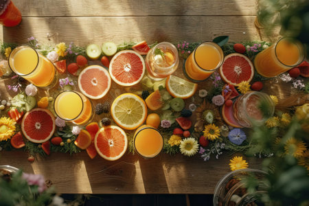 Glassware with refreshing summer fruits cocktail, lemonade, juice, refreshing drinks and fresh citrus fruits on wooden table with shadows and sunlight. Top view. AI generativeの素材