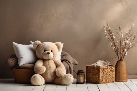 Stylish newborn baby nursery room interior details, Toy teddy bear and cute natural home decor standing on wooden floor. AI generativeの素材
