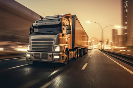 Truck city street, highway in night time. Motion blur, light trails. Transportation, logistic. Ai generativeの素材