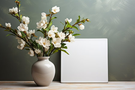 White canvas mockup and vase with white flowers bouquet standing on wooden background near wall. Empty blank rectangular canvas frame, mock upの素材