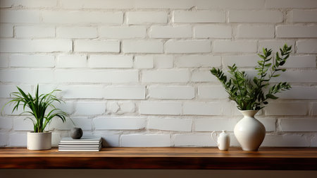 Nicely decorated wood shelf with potted plants, vase of flower, books and interior decor on white brick wall background with empty copy space for artwork, posterの素材