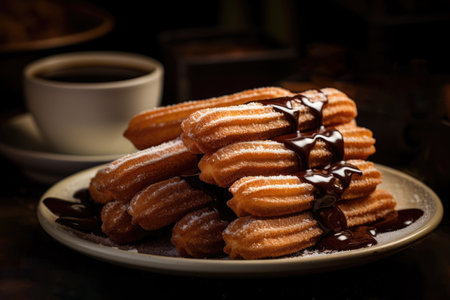 Spain. Churros with sugar and chocolate sauce on woodewn table. Churros are traditional Spanish desserts,の素材