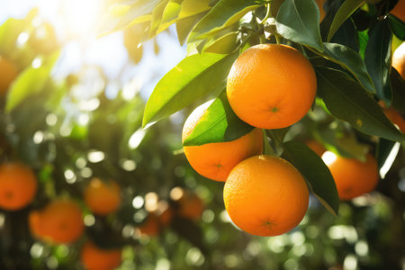 Bunch of fresh ripe oranges hanging on a tree in orange garden. Details of Spainの素材