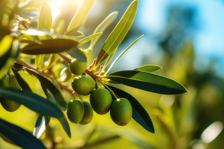 Spain. Olives on olive tree branch. Closeup of green olives fruits in sunny dayの素材