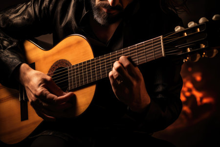 Eldery man in classical suit playing acoustic guitar. Spanish traditional live music performanceの素材
