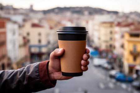 Man hand holding brown takeaway paper coffee cup on city background. Travel, vacation, holiday in Spainの素材