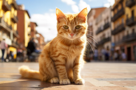 Cute orange cat sitting on Spanish old town street. Details of Spain. Beautiful red haired young kitten lost in city and sits alone outdoorsの素材